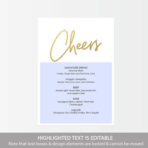 Gold Flair Cheers Menu Bar Menu Printable Wedding DIY Template Editable PDF Instant Download Cocktails 5x7 inches GD0302 image 2