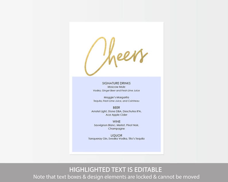 Gold Flair Cheers Menu Bar Menu Printable Wedding DIY Template Editable PDF Instant Download Cocktails 5x7 inches GD0302 image 2