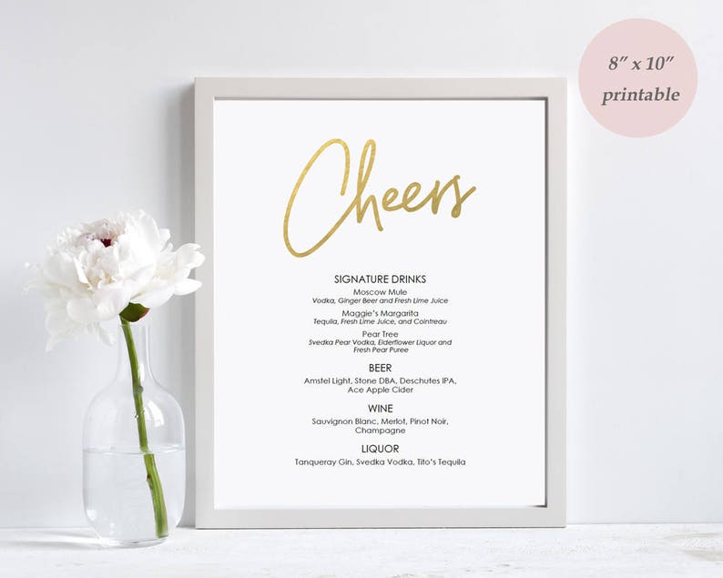 Gold Cheers Drinks Menu Printable DIY Template Instant download Editable PDF Wedding signature drinks 8x10 inches GD0301 image 1