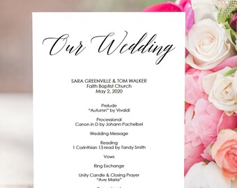 Printable Wedding Program - Our Wedding & Bridal Party - Instant Digital DIY Template - Editable PDF - 5 x 7 inches Double sided - #GD0503