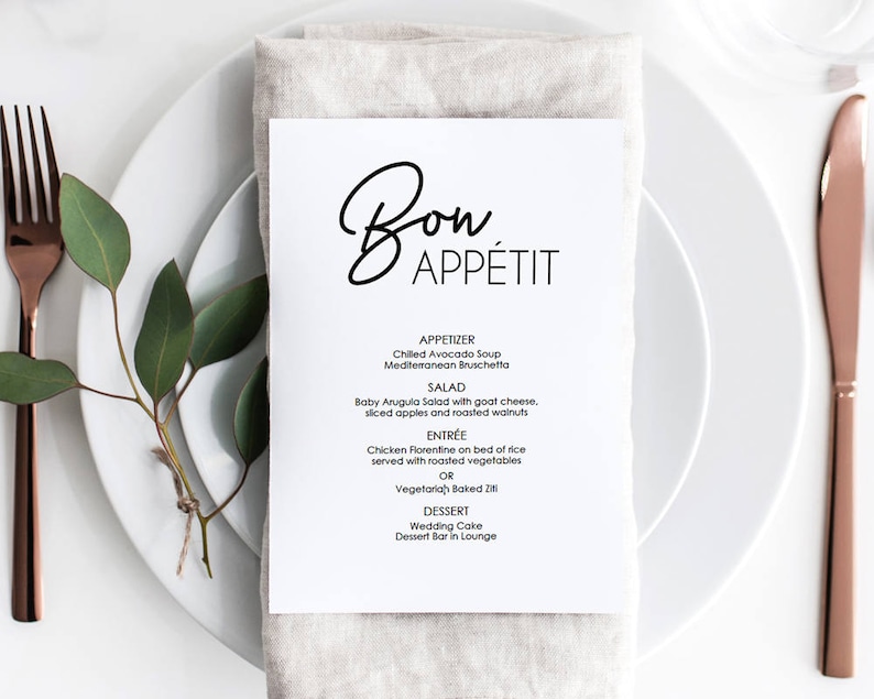 Printable Dinner Menu Bon Appetit Menu Instant Digital Etsy
