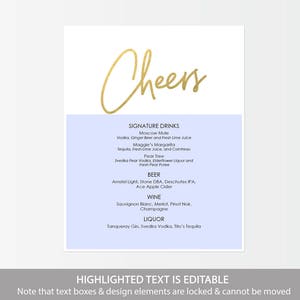 Gold Cheers Drinks Menu Printable DIY Template Instant download Editable PDF Wedding signature drinks 8x10 inches GD0301 image 2