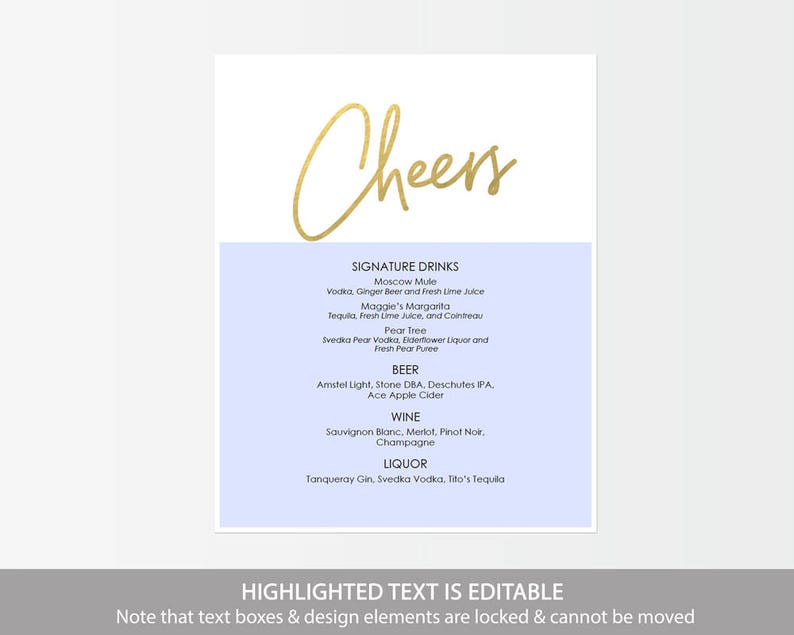Gold Cheers Drinks Menu Printable DIY Template Instant download Editable PDF Wedding signature drinks 8x10 inches GD0301 image 2