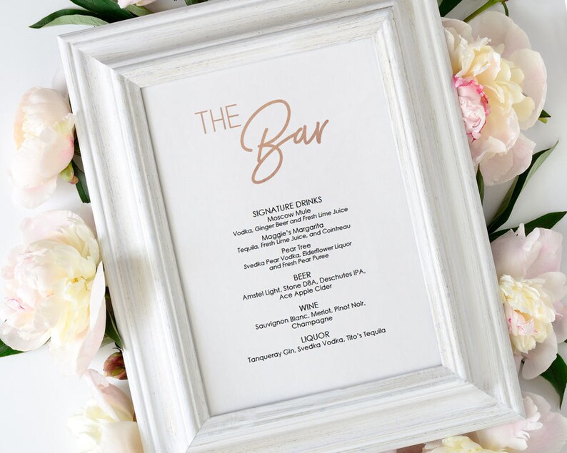 Bar Menu Printable Rose Gold Faux Foil Instant Download Etsy