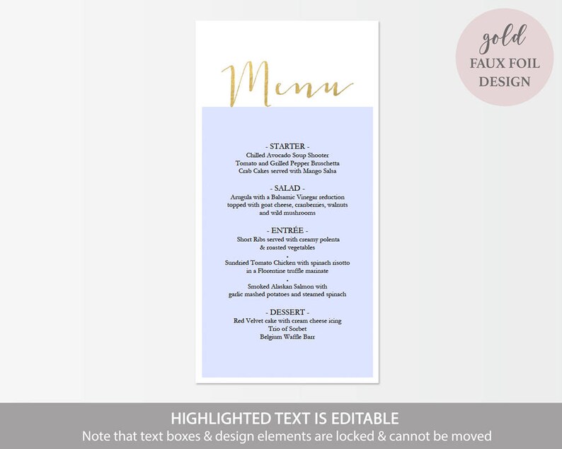 Gold Menu Printable DIY Menu Template Editable PDF | Etsy