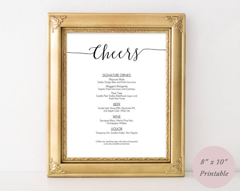 Printable Bar menu sign Editable PDF Cheers Wedding Menu framable Cocktails sign template Instant Download 8x10 Inches GD0709 image 2