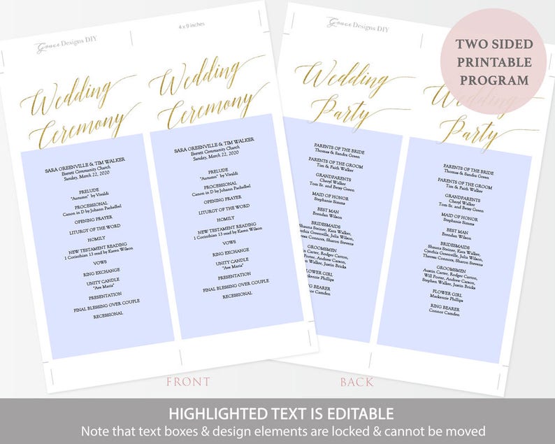 Printable Gold Wedding Program Gold Foil Elegant Minimalist Wedding Ceremony Program Editable PDF Double Sided 4x9 inches GD3404 image 7