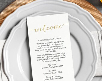 Gold Welcome Card Printable - Instant Download - DIY Template - Editable PDF - Gold Foil Welcome Bag card - Wedding - 4x9 inches - #GD0823