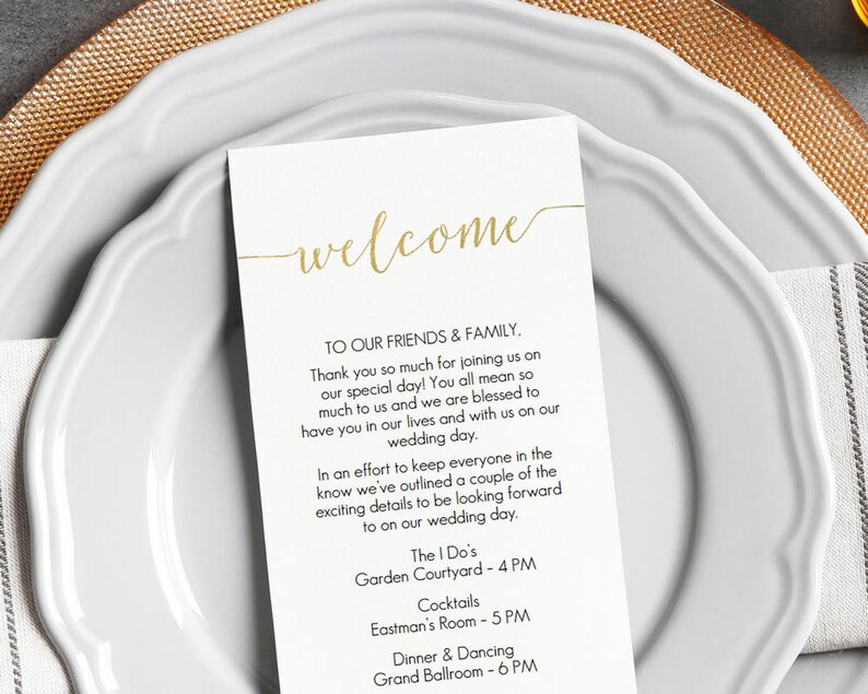 Gold Welcome Card Printable Instant Download DIY Template Editable PDF Gold Foil Welcome Bag card Wedding 4x9 inches GD0823 image 1