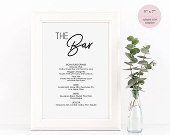 Bar Menu Sign DIY Printable - Editable PDF - Instant Digital Download - Wedding Drinks Menu - Signature Cocktails Sign - 5x7 inches- #GD0206