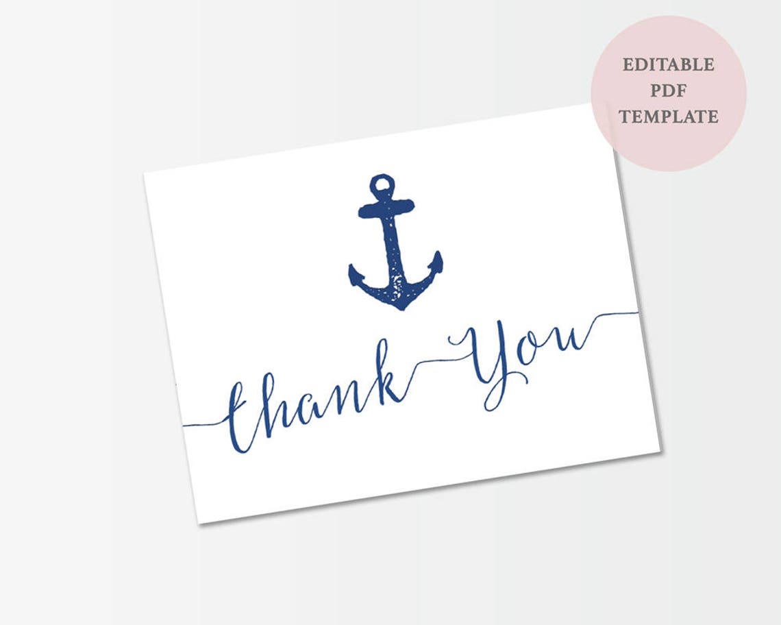 Navy Anchor Thank You Card Folded A2 Printable Card Navy Etsy