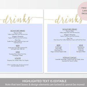 Gold Drinks Bar Menu Sign Printable Instant Download Editable PDF Signature Cocktails sign Wedding bar menu 8x10 inches GD0809 image 2