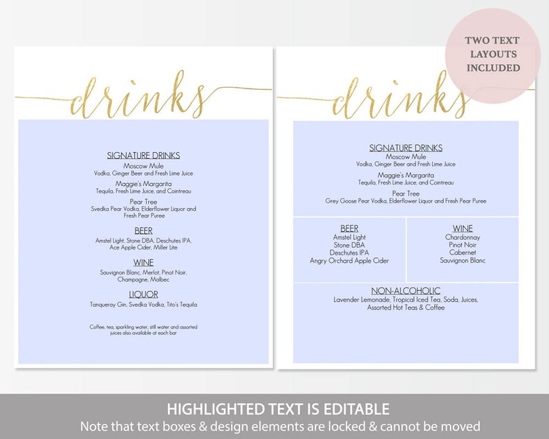 Gold Drinks Bar Menu Sign Printable Instant Download Editable PDF Signature Cocktails sign Wedding bar menu 8x10 inches GD0809 image 2