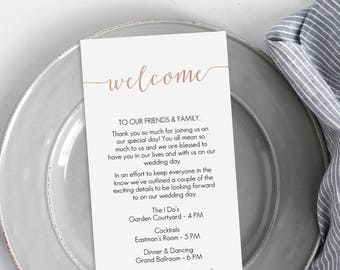 Rose Gold Foil Welcome Card Printable - Instant Download - DIY Template - Editable PDF - Printable Wedding Welcome - 4x9 inches - #GD1803