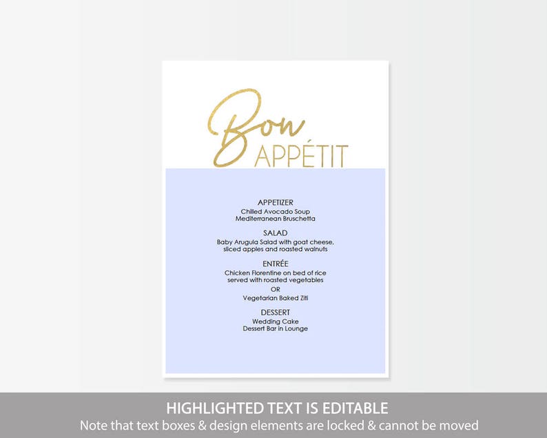 Gold Menu Printable Wedding Menu Faux Foil Menu Template Download Minimalist Gold Menu Bon Appetit Menu 5 x 7 inches GD0309 image 3