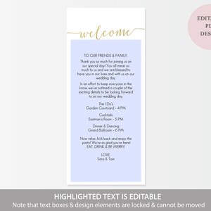 Gold Welcome Card Printable Instant Download DIY Template Editable PDF Gold Foil Welcome Bag card Wedding 4x9 inches GD0823 image 2