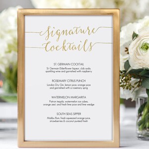 Gold Signature Cocktails Menu Sign Printable 5x7 inch Card Wedding Bar Menu Editable PDF Instant Download 5x7 inches GD0807 image 1