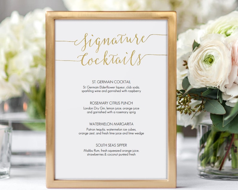 Gold Signature Cocktails Menu Sign Printable 5x7 inch Card Wedding Bar Menu Editable PDF Instant Download 5x7 inches GD0807 image 1