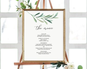 Greenery Menu Sign Poster - 3 sizes - 8x10, 11x14 and 16x20 inches - Wedding PDF Template -Instant Download - Printable Menu Poster - GD3819