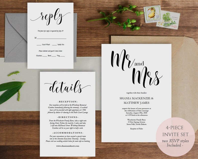 Wedding Invitation Set Printable Invitation Suite Set of 4 pieces Included Instant Download Editable PDF Modern Script GD0115 image 1