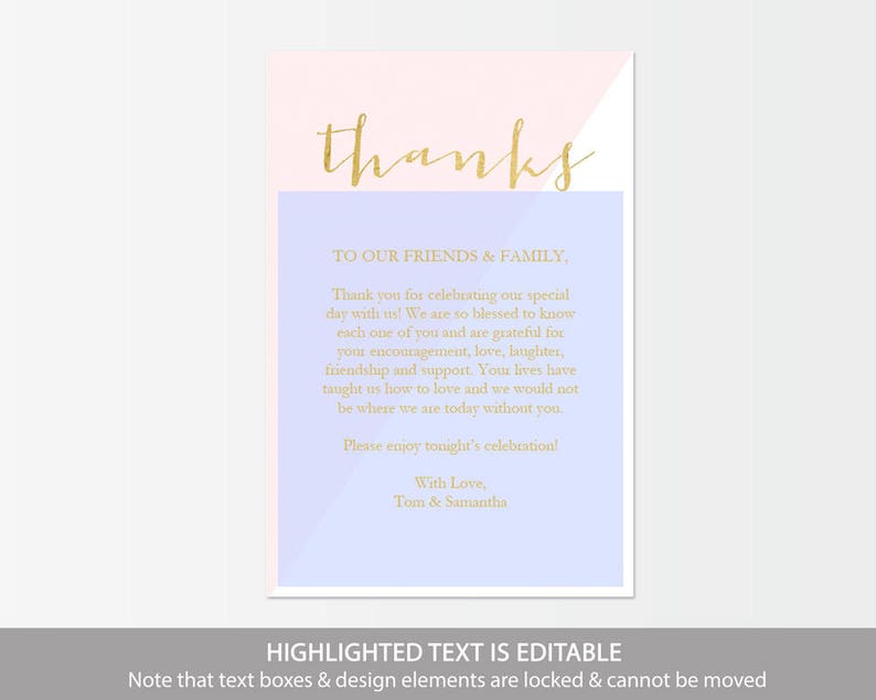 Blush Thank You Printable DIY Template Editable PDF Gold Foil Thank You Pink Favor card Instant Download 4 x 6 inches GD2203 image 4