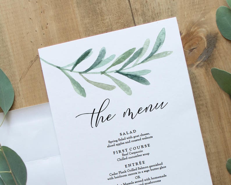Greenery Wedding Menu Download Olive Leaf Menu Printable Etsy