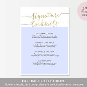 Gold Signature Cocktails Menu Sign Printable 5x7 inch Card Wedding Bar Menu Editable PDF Instant Download 5x7 inches GD0807 image 4