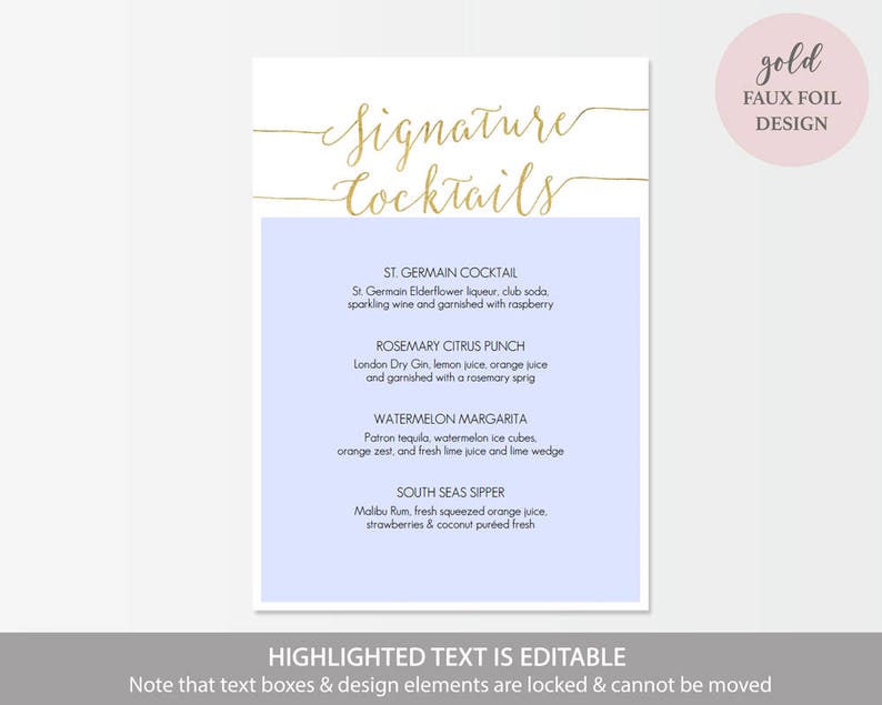 Gold Signature Cocktails Menu Sign Printable 5x7 inch Card Wedding Bar Menu Editable PDF Instant Download 5x7 inches GD0807 image 4