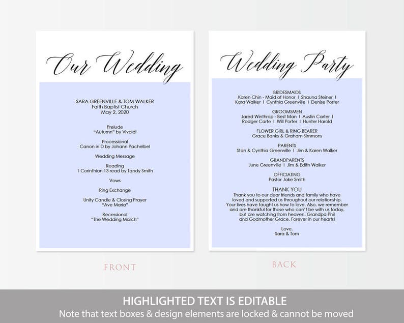 Printable Wedding Program Our Wedding & Bridal Party Instant Digital DIY Template Editable PDF 5 x 7 inches Double sided GD0503 image 4