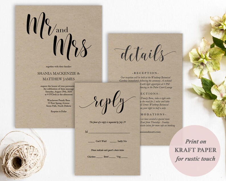 Wedding Invitation Set Printable Invitation Suite Set of 4 pieces Included Instant Download Editable PDF Modern Script GD0115 image 2