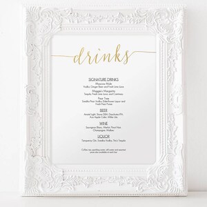 Gold Drinks Bar Menu Sign Printable Instant Download Editable PDF Signature Cocktails sign Wedding bar menu 8x10 inches GD0809 image 6