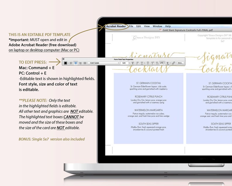 Gold Signature Cocktails Menu Sign Printable 5x7 inch Card Wedding Bar Menu Editable PDF Instant Download 5x7 inches GD0807 image 5