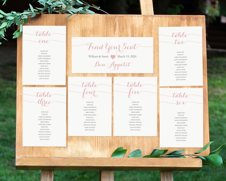 Tables 1-30- Pink Wedding 5x7inches -#GD1601 DIY Editable PDF Template Blush Pink Seating Chart Kit Printable Table Assignment Cards