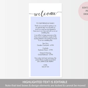 Black Welcome Card Printable Instant Download DIY Template Editable PDF Calligraphy style Script Wedding 4x9 inches GD0722 image 3