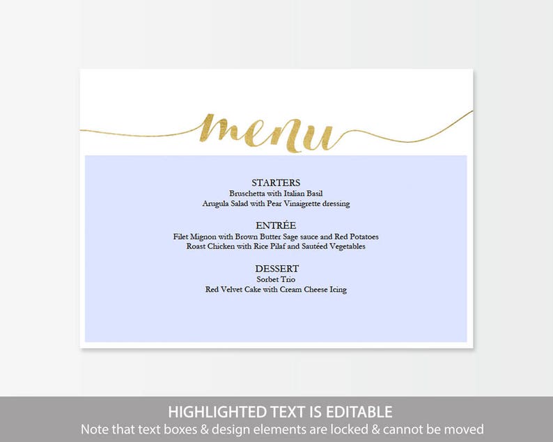 Gold Menu Card Download #GD1401 Instant Download Printable menu Gold foil menu Wedding Menu Editable PDF 5x7 inches landscape