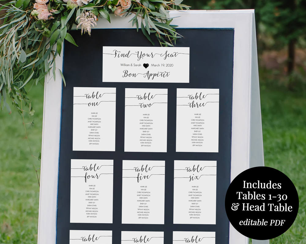 Black Seating Chart 4x6 Printable Instant Download | Etsy