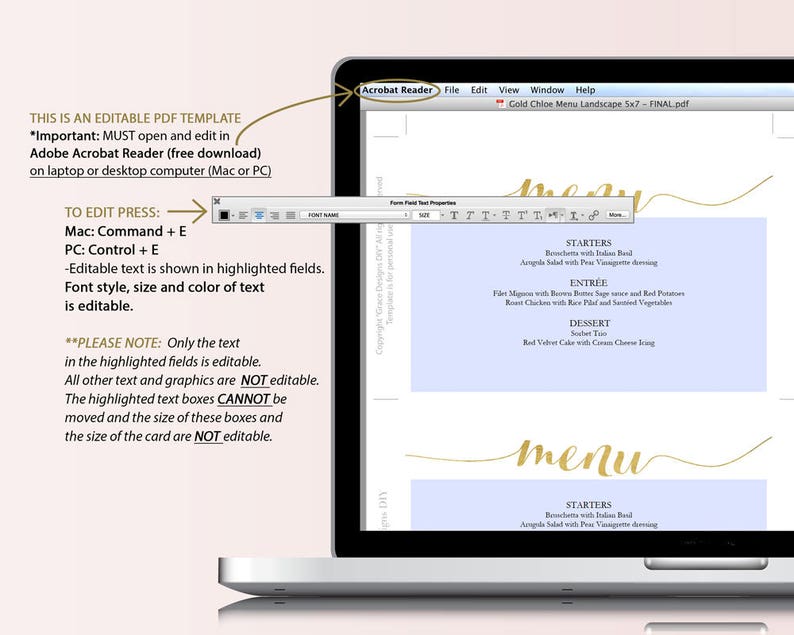 Gold Menu Card Download #GD1401 Instant Download Printable menu Gold foil menu Wedding Menu Editable PDF 5x7 inches landscape