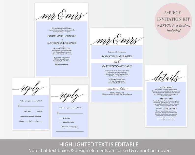 Printable Wedding Invitation Kit Set Includes 5 Pieces Etsy