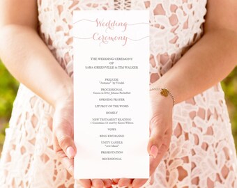 Printable Blush Pink Tall Program Template - Wedding Program Download - Editable PDF - Wedding timeline - Ceremony -4x9 inches - #GD1602