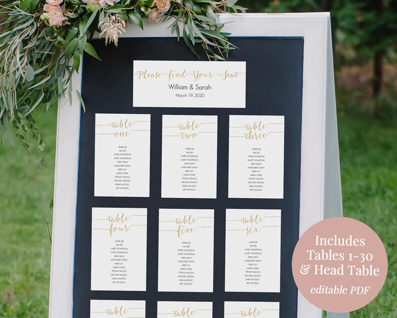 Gold Seating Chart Kit 4x6 inches Tables 1-30 Printable Instant Download Editable PDF Gold Faux foil table cards 4 x 6- #GD0816