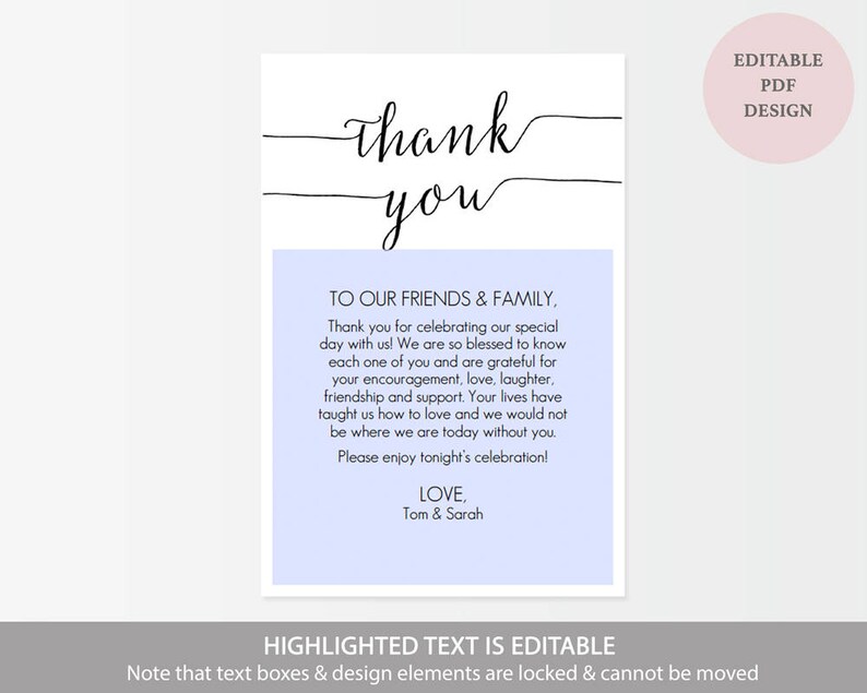 Thank You Printable Card Favor or Welcome Bag Instant Digital Download Editable PDF Wedding Printable 4 x 6 inches GD0721 image 2