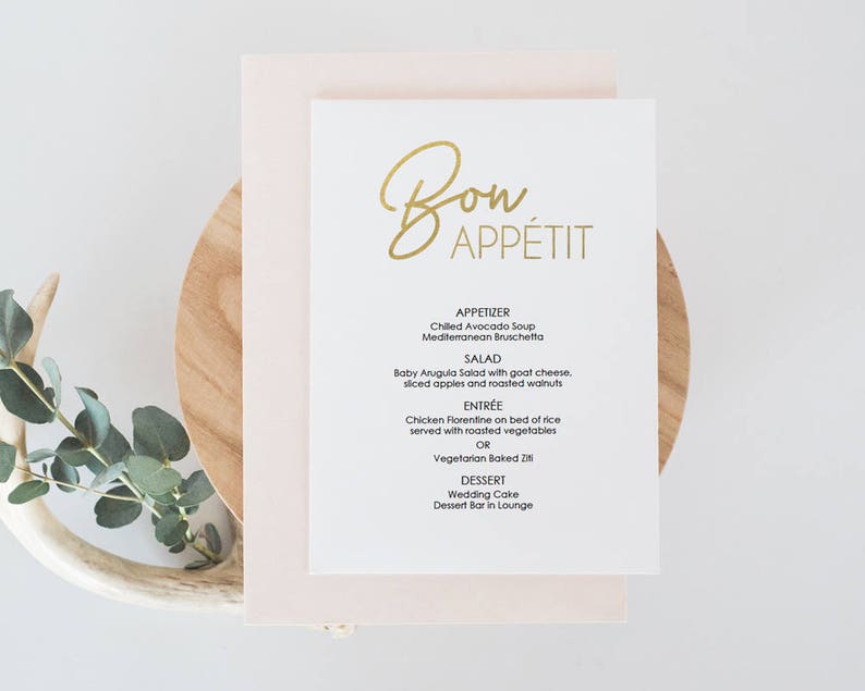 Gold Menu Printable Wedding Menu Faux Foil Menu Template Download Minimalist Gold Menu Bon Appetit Menu 5 x 7 inches GD0309 image 2