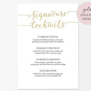 Gold Signature Cocktails Menu Sign Printable 5x7 inch Card Wedding Bar Menu Editable PDF Instant Download 5x7 inches GD0807 image 3