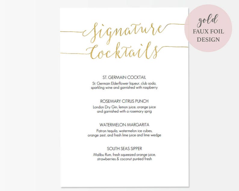 Gold Signature Cocktails Menu Sign Printable 5x7 inch Card Wedding Bar Menu Editable PDF Instant Download 5x7 inches GD0807 image 3