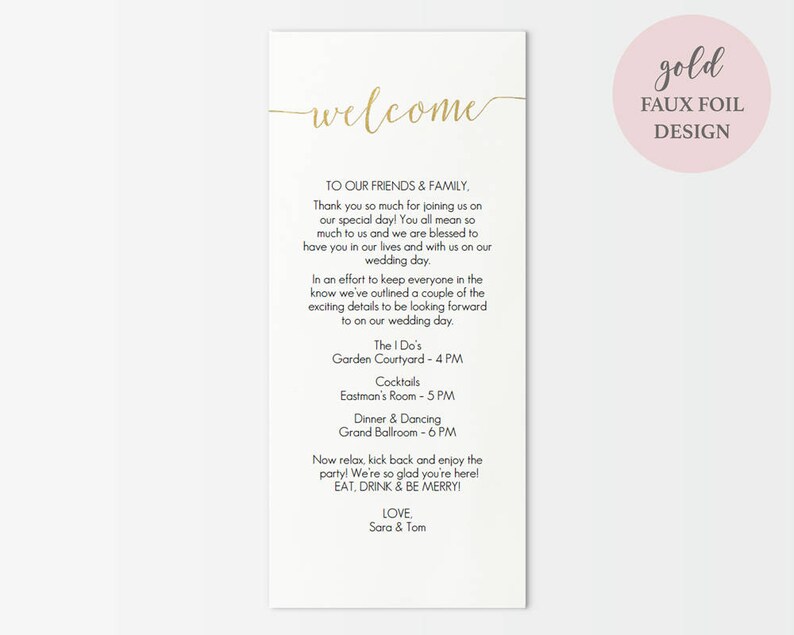 Gold Welcome Card Printable Instant Download DIY Template Editable PDF Gold Foil Welcome Bag card Wedding 4x9 inches GD0823 image 3