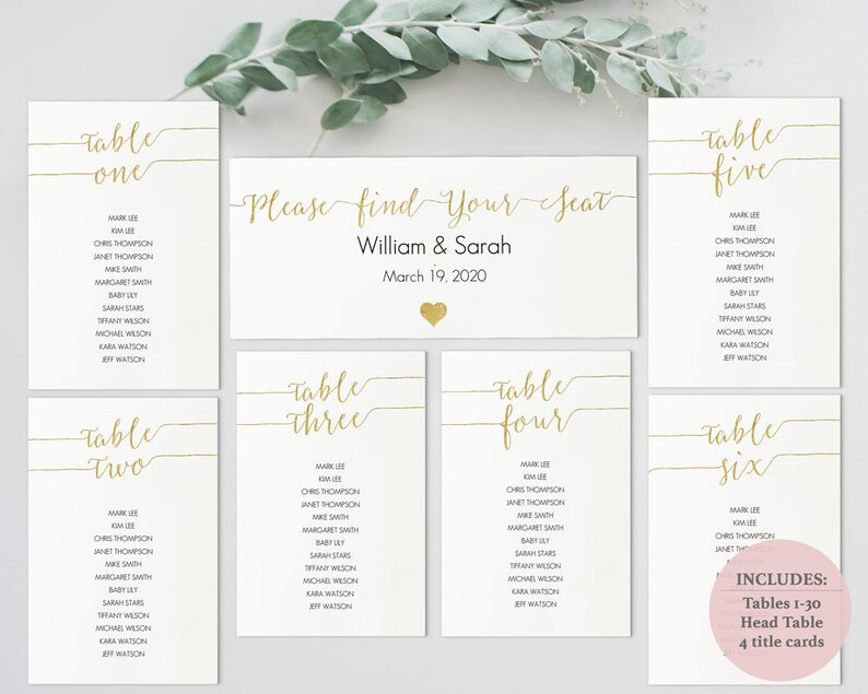 Gold Seating Chart Kit 4x6 inches Tables 1-30 Printable Instant Download Editable PDF Gold Faux foil table cards 4 x 6- #GD0816