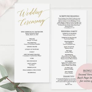 Printable Gold Wedding Program Gold Foil Elegant Minimalist Wedding Ceremony Program Editable PDF Double Sided 4x9 inches GD3404 image 3