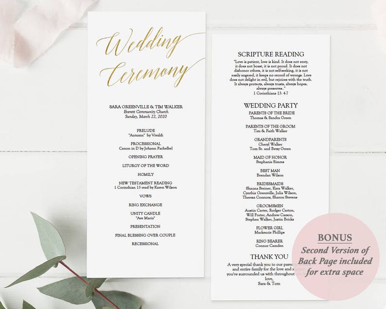 Printable Gold Wedding Program Gold Foil Elegant Minimalist Wedding Ceremony Program Editable PDF Double Sided 4x9 inches GD3404 image 3