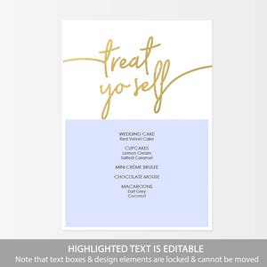 Gold Treat Yo Self Dessert Menu Instant Digital Download Sweets Menu Card Editable PDF Gold Foil Dessert Menu 5x7 inches GD0317 image 2