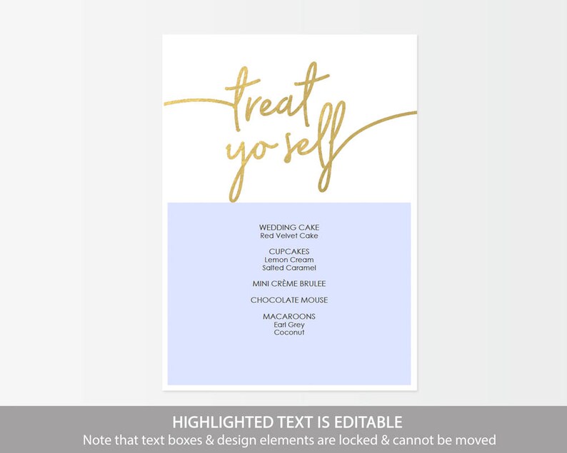 Gold Treat Yo Self Dessert Menu Instant Digital Download Sweets Menu Card Editable PDF Gold Foil Dessert Menu 5x7 inches GD0317 image 2